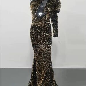 One Shoulder Black and Gold Sequin Dress